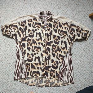 River Island Top Blouse Women S Brown Animal Print Short Sleev Lace Crochet Mob